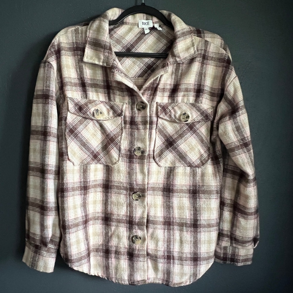 BKE Cream and Maroon Plaid Shacket Cabincore